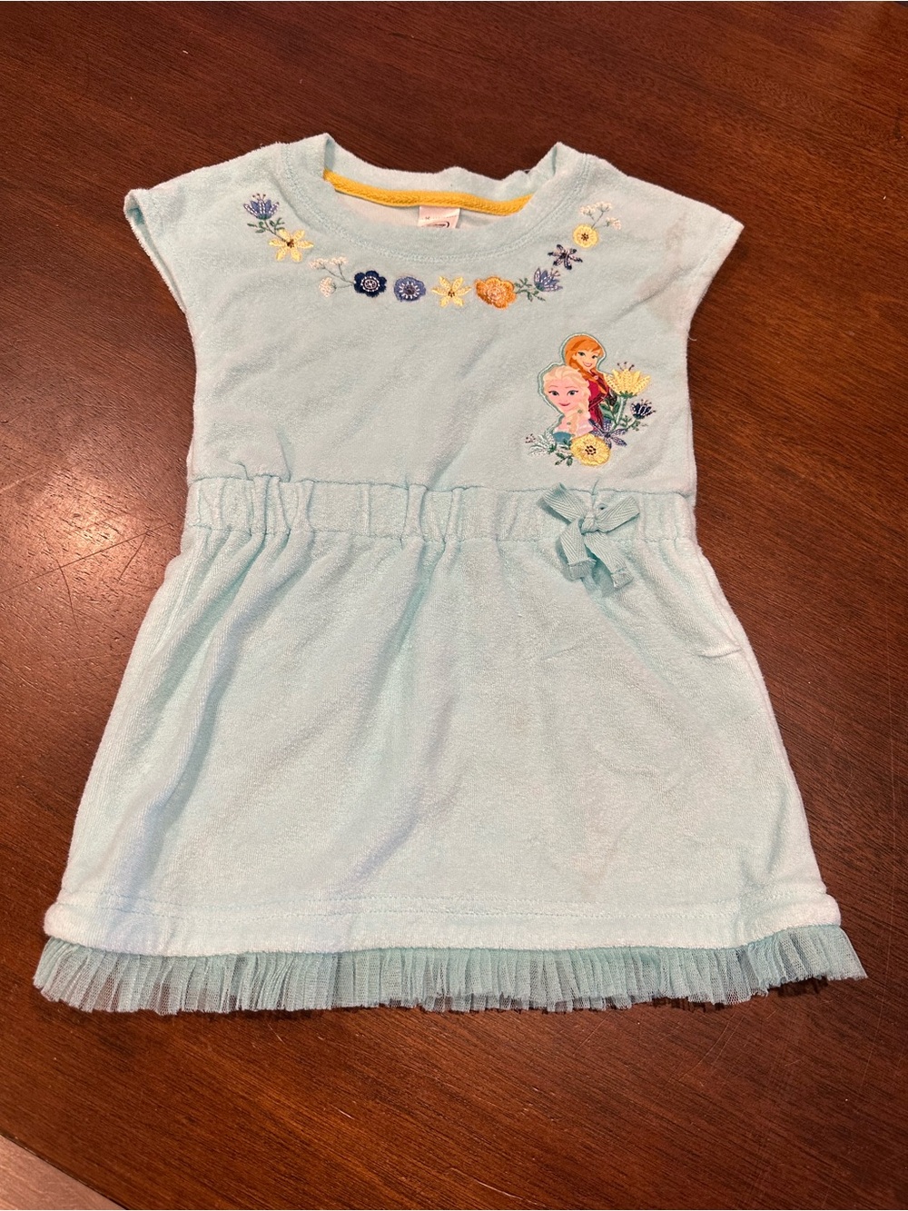 Light Blue Girls' Dress with Floral Embroidery and Character Detail
